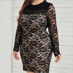 Plus Size‎ Black Long Sleeve Lace Mesh Elegant Dress. NEW. 1XL-3XL